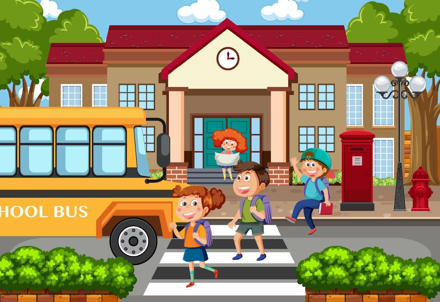 In front of school with children vector