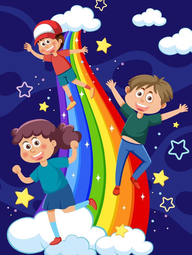 Children on rainbow in the sky vector
