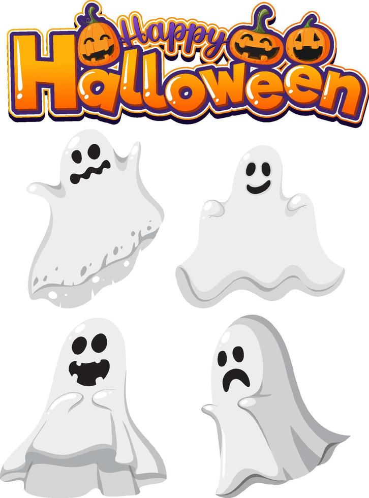 logotipo de texto feliz halloween con personaje de dibujos animados vector