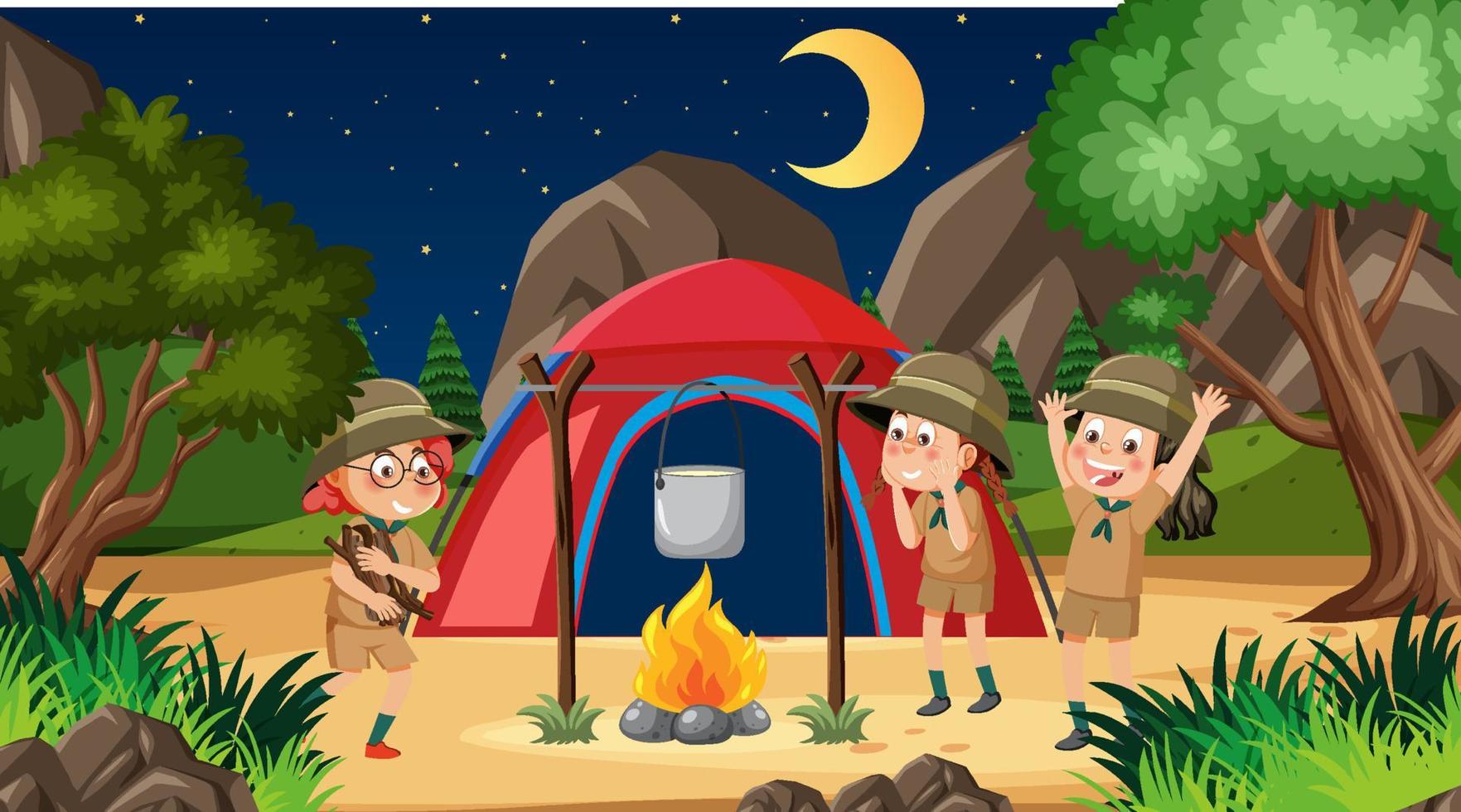 niños acampando en el bosque vector
