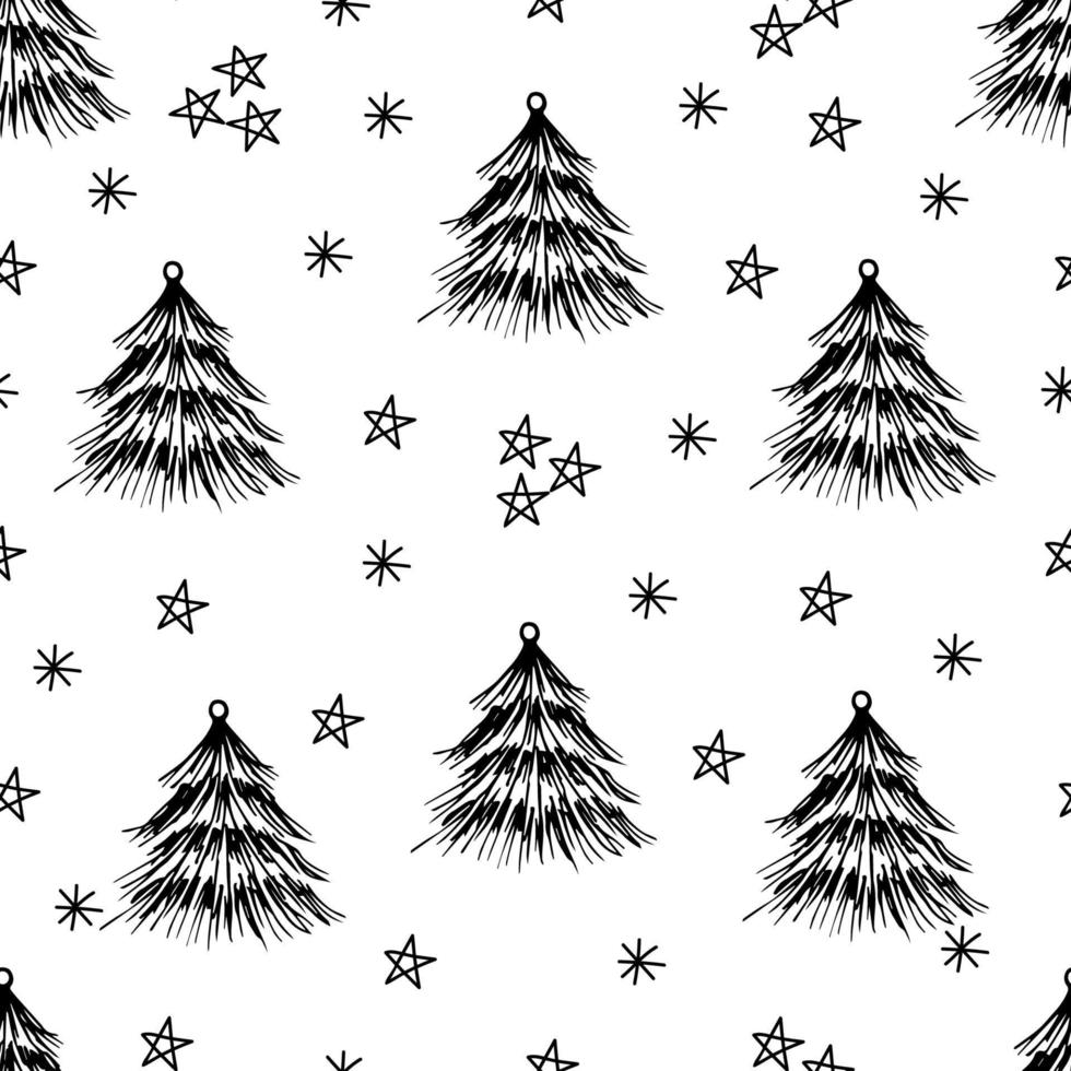 patrón transparente de vector simple para el diseño de año nuevo. árbol de navidad, copos de nieve, estrellas contorno negro sobre un fondo blanco. para impresiones de envoltura de regalos, textiles, papel.