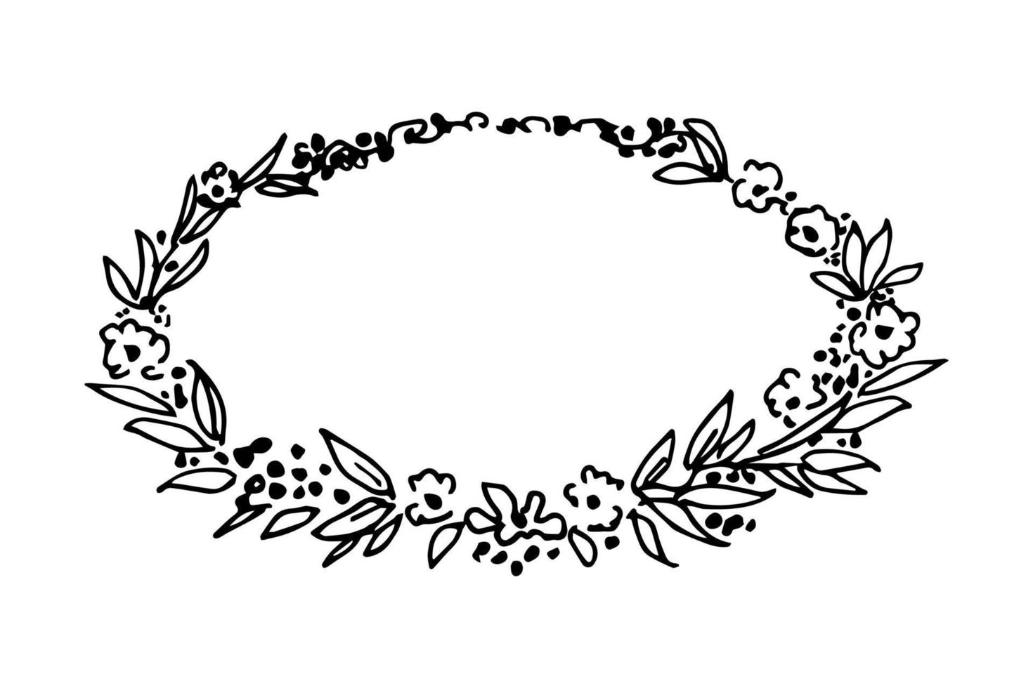 dibujo vectorial dibujado a mano en blanco y negro, grabado. marco ovalado floral, estilo vintage, ramitas, flores. para huellas, etiquetas, letreros, lugar para el nombre. vector