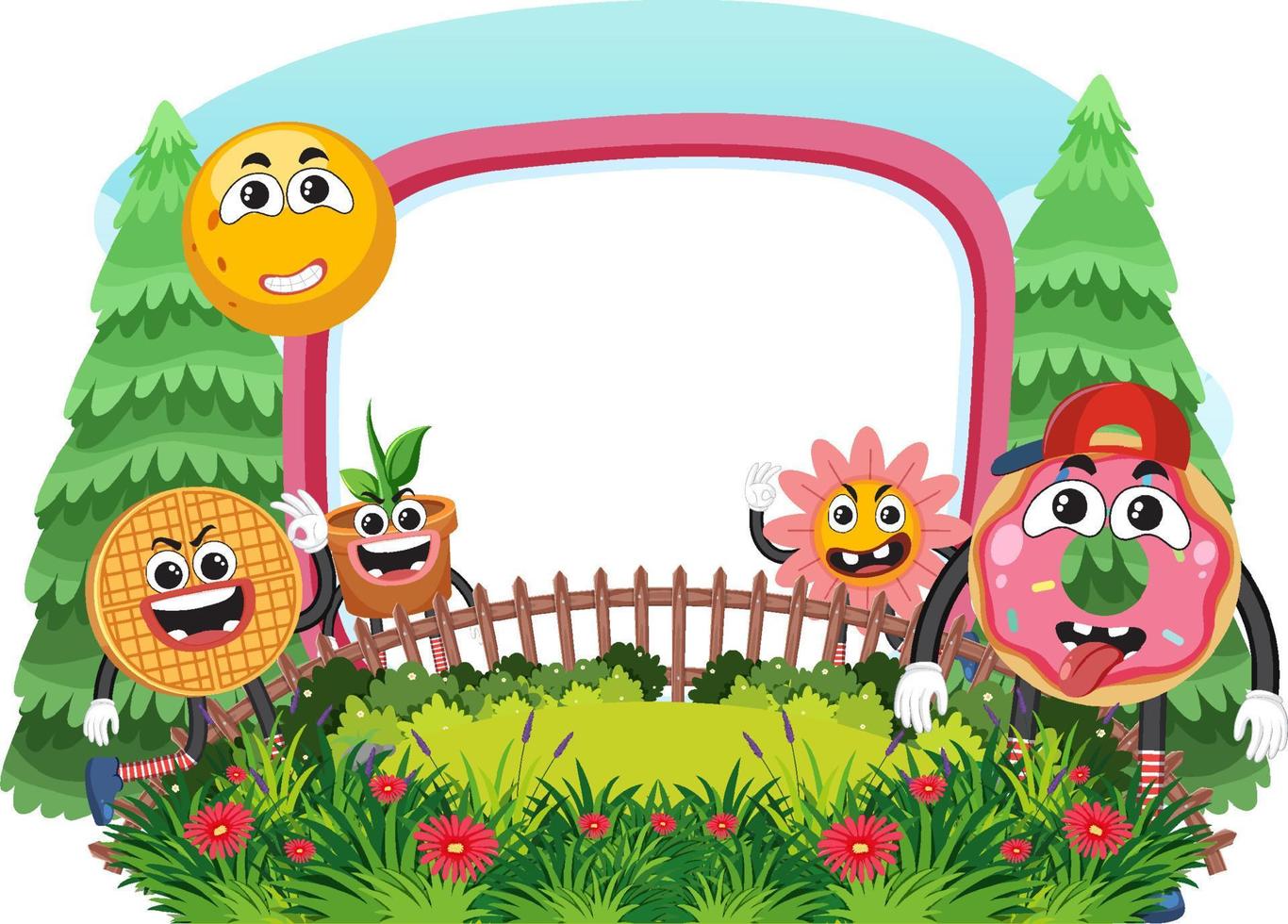 Funny food cartoon character in garden banner vector