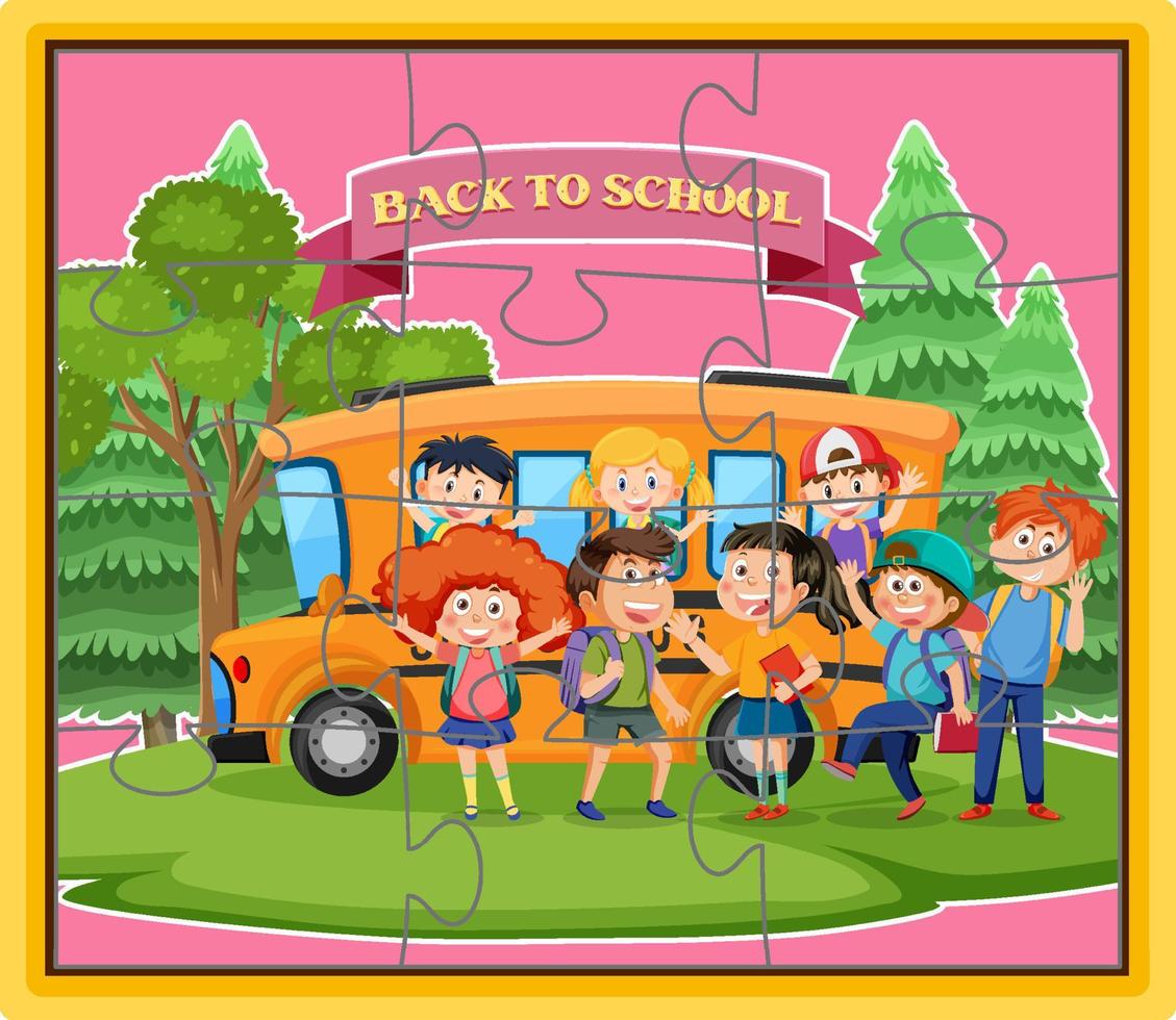 Student kids photo jigsaw puzzle game template vector