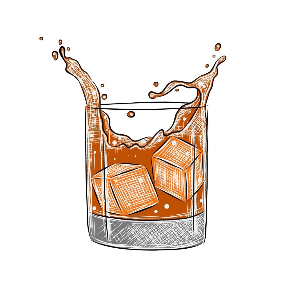 cóctel alcohólico de whisky escocés de estilo grabado vectorial con cubitos de hielo, ilustración de salpicaduras para carteles, decoración, menú y logotipo. boceto dibujado a mano de bebida, bebida aislada sobre fondo blanco. vector