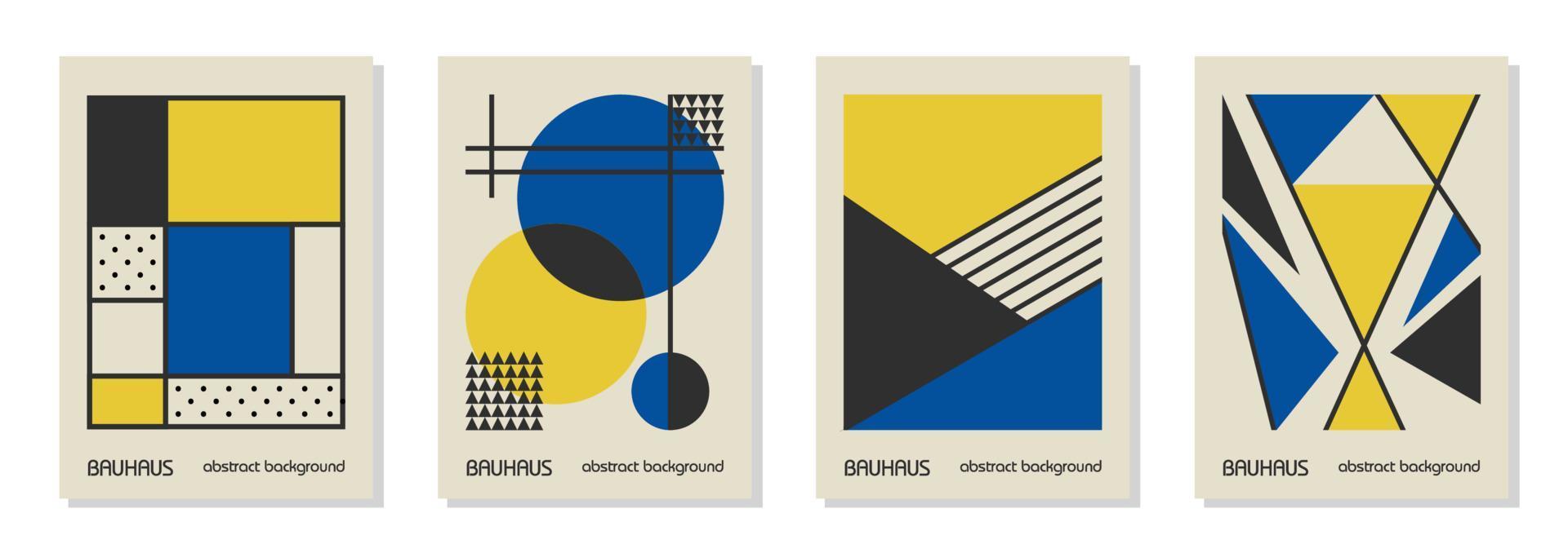 Set of 4 minimal vintage 20s geometric design posters, wall art, template, layout with primitive shapes elements. Bauhaus retro pattern vector background, blue, yellow and black Ukrainian flag colors