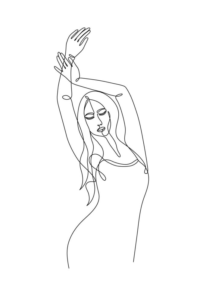 Single line hand drawn young woman figure, body, female beauty, minimalistic beautyful girl. Dynamic continuous one line graphic vector design. Black and white illustration