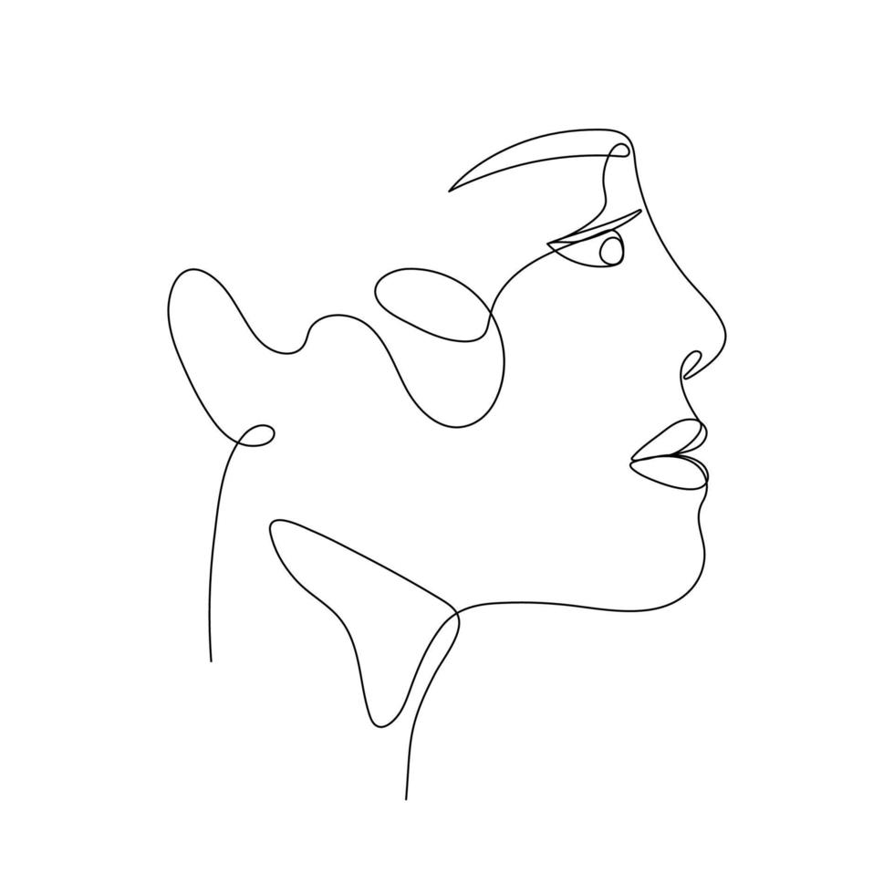 Single line hand drawn young woman portrait female beauty, minimalistic beautyfull girl face. Dynamic continuous one line graphic vector design. Black and white illustration