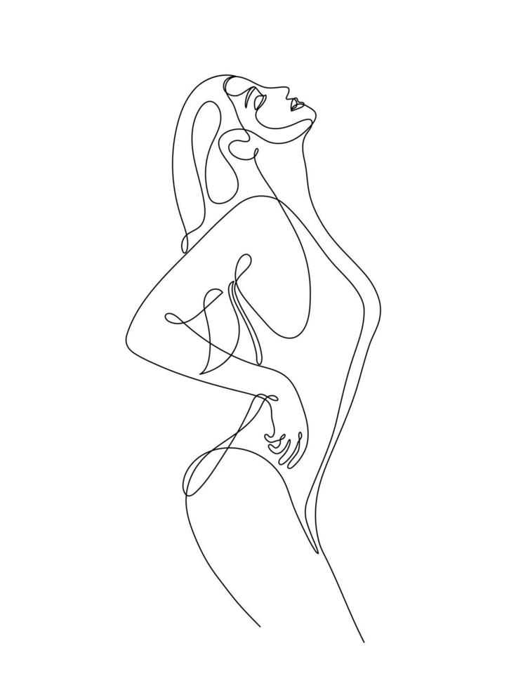 Single line hand drawn young woman figure, body, female beauty, minimalistic beautyful sexy. Dynamic continuous one line graphic vector design. Black and white illustration