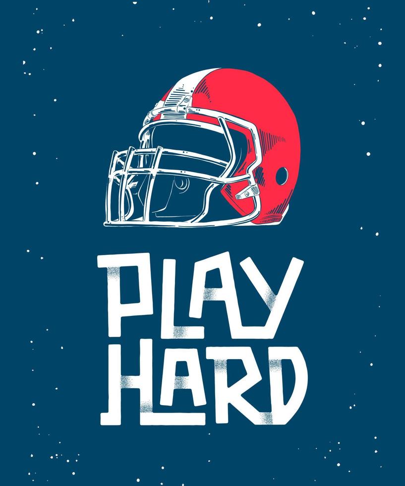 Vector engraved style detailed illustration for posters, decoration and print in vintage style. Hand drawn sketch of red american football helmet, modern lettering with shadows on blue background.