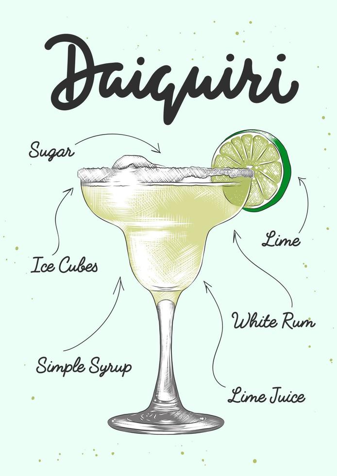 Vector engraved style Daiquiri cocktail illustration for posters, decoration, logo and print. Hand drawn sketch with lettering and recipe, beverage ingredients. Detailed colorful drawing.