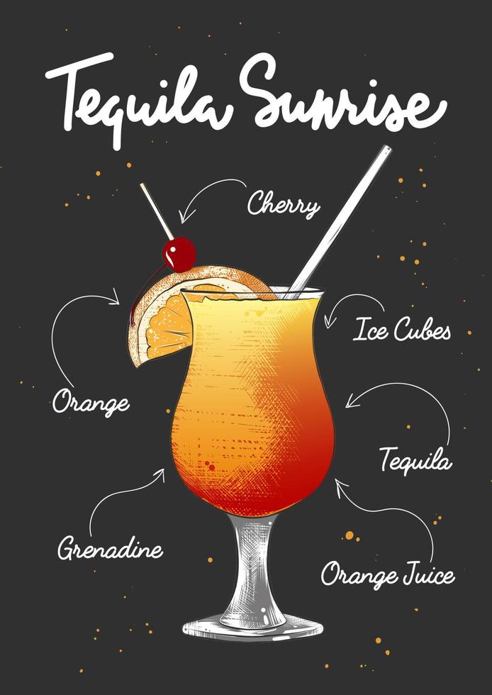 Vector engraved style Tequila Sunrise cocktail illustration for posters, decoration, logo and print. Hand drawn sketch with lettering and recipe, beverage ingredients. Detailed colorful drawing.