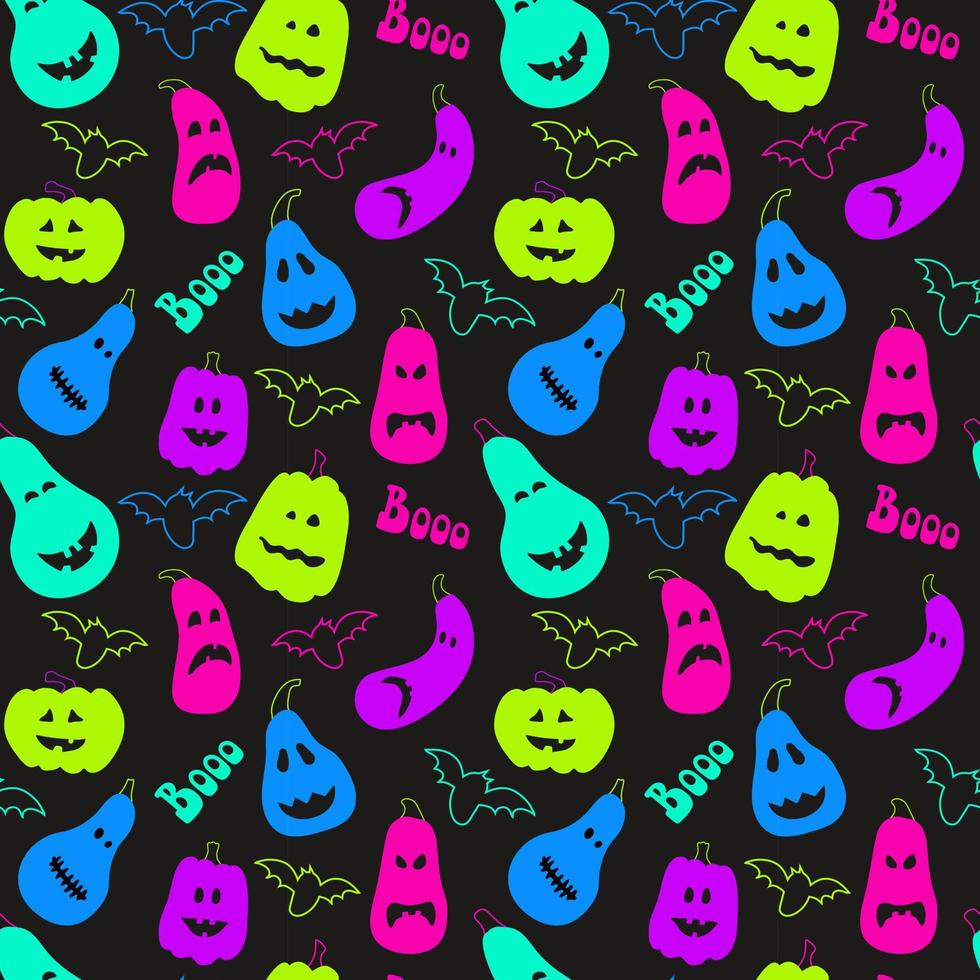 Seamless pattern with a bright neon pumpkins, bats on dark background for halloween. vector