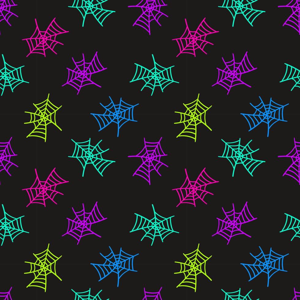 Seamless pattern with a bright neon spiderweb on dark  background for halloween. vector