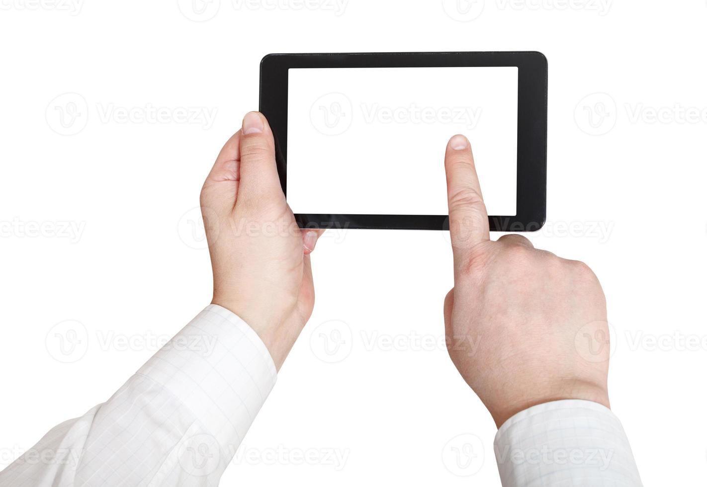 businessman finger press tablet pc photo