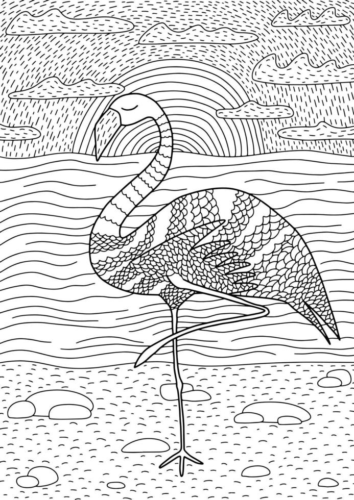 página de coloreado vectorial de flamencos. coloración dibujada a mano con lindo paisaje marino y flamingo. vector