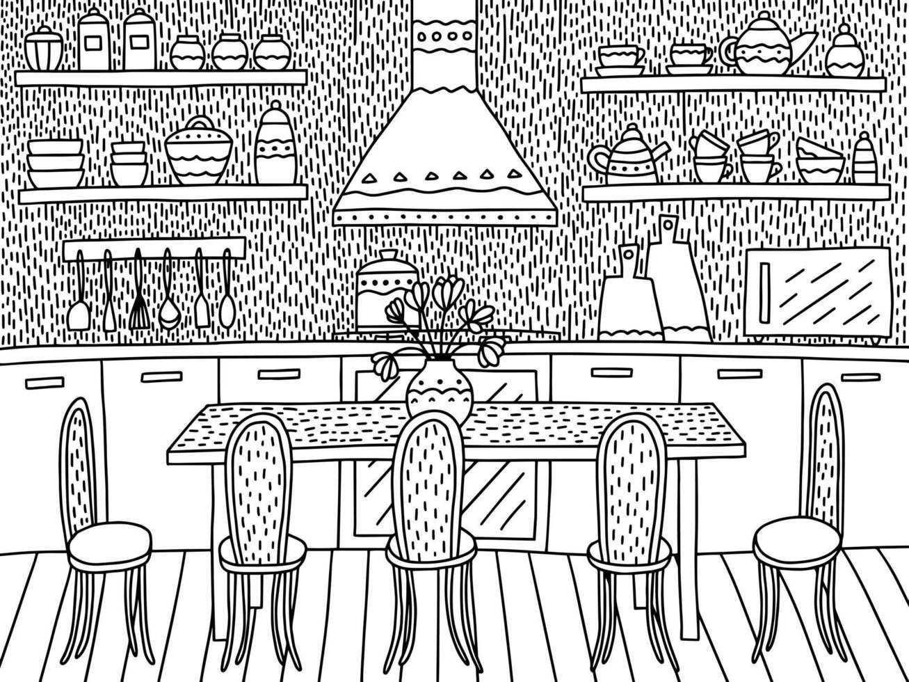 Kitchen interior coloring page. Cute coloring page with cozy kitchen and dining table. vector