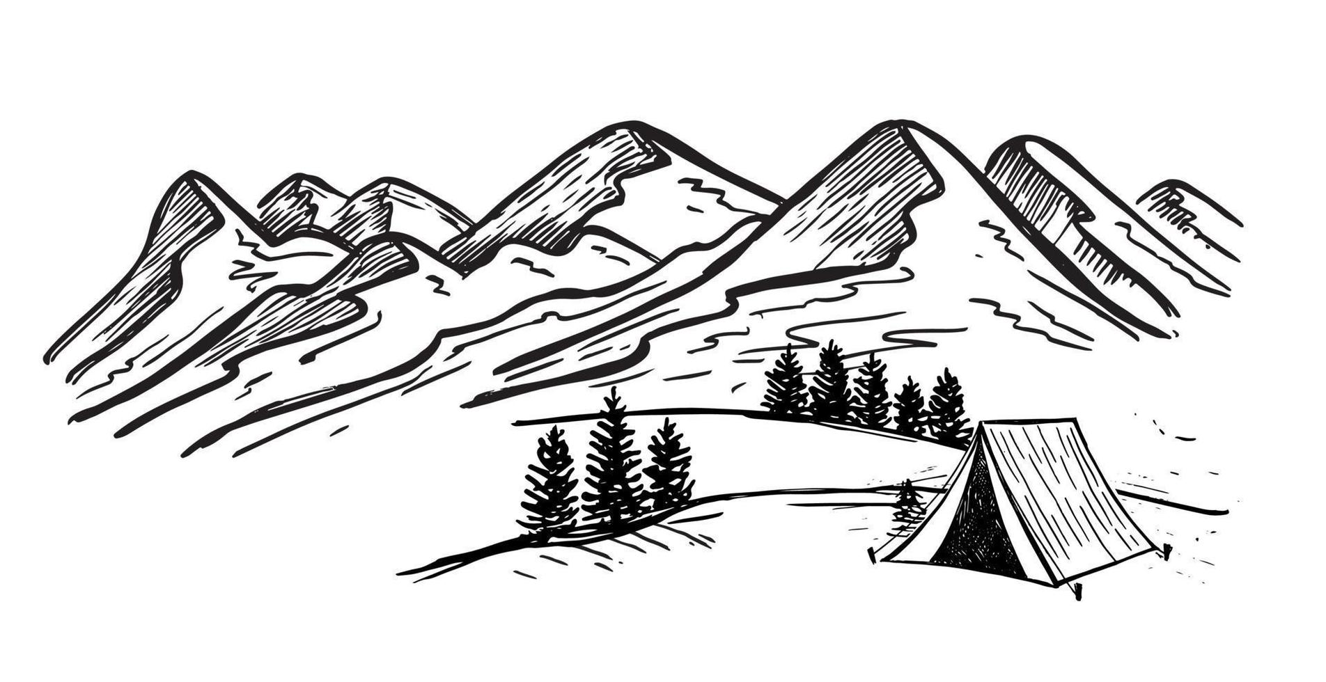 Sketch Camping in nature set, Mountain landscape, vector illustrations.