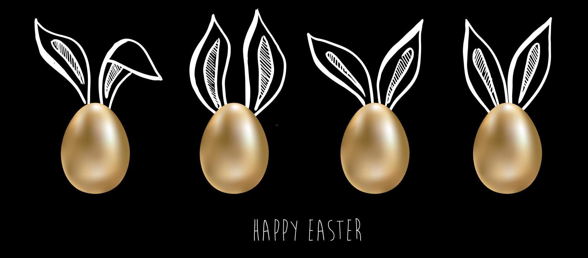 Happy Easter. Set of rabbits's ears, Gold eggs. Hand drawn illustration. vector