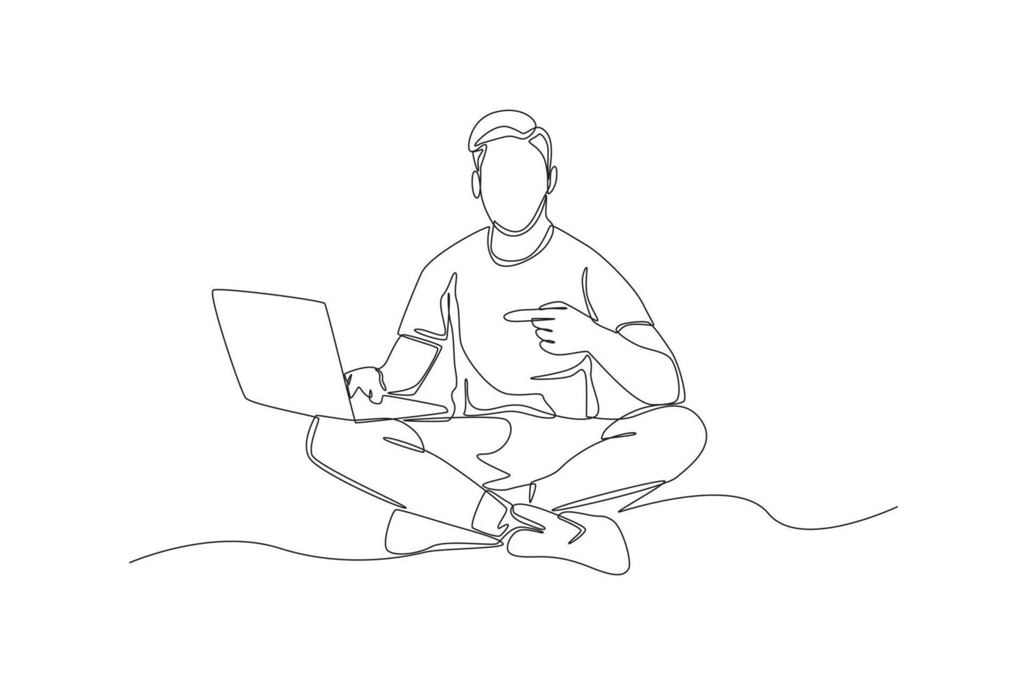 Single one line drawing businessman pointing his laptop. Pointing concept. Continuous line draw design graphic vector illustration.