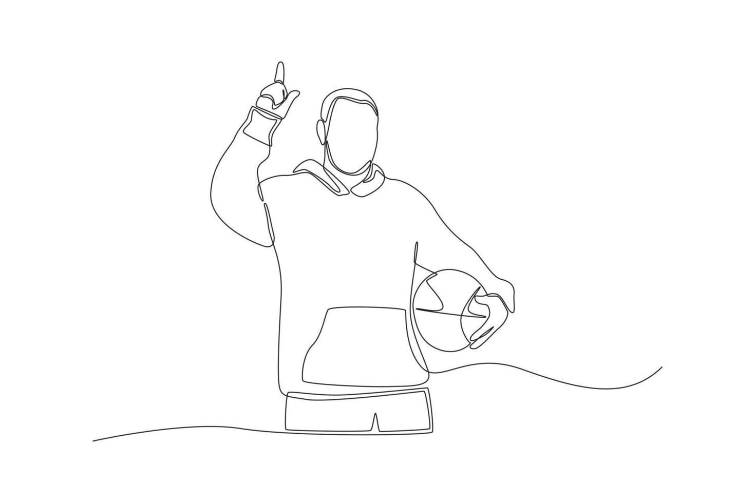 Single one line drawing sportsman with his basket ball pointing up. Pointing concept. Continuous line draw design graphic vector illustration.