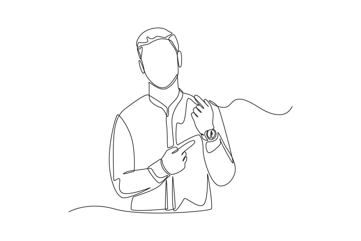 Continuous one line drawing man in worker pointing at wrist watch. Timer concept. Single line draw design vector graphic illustration.