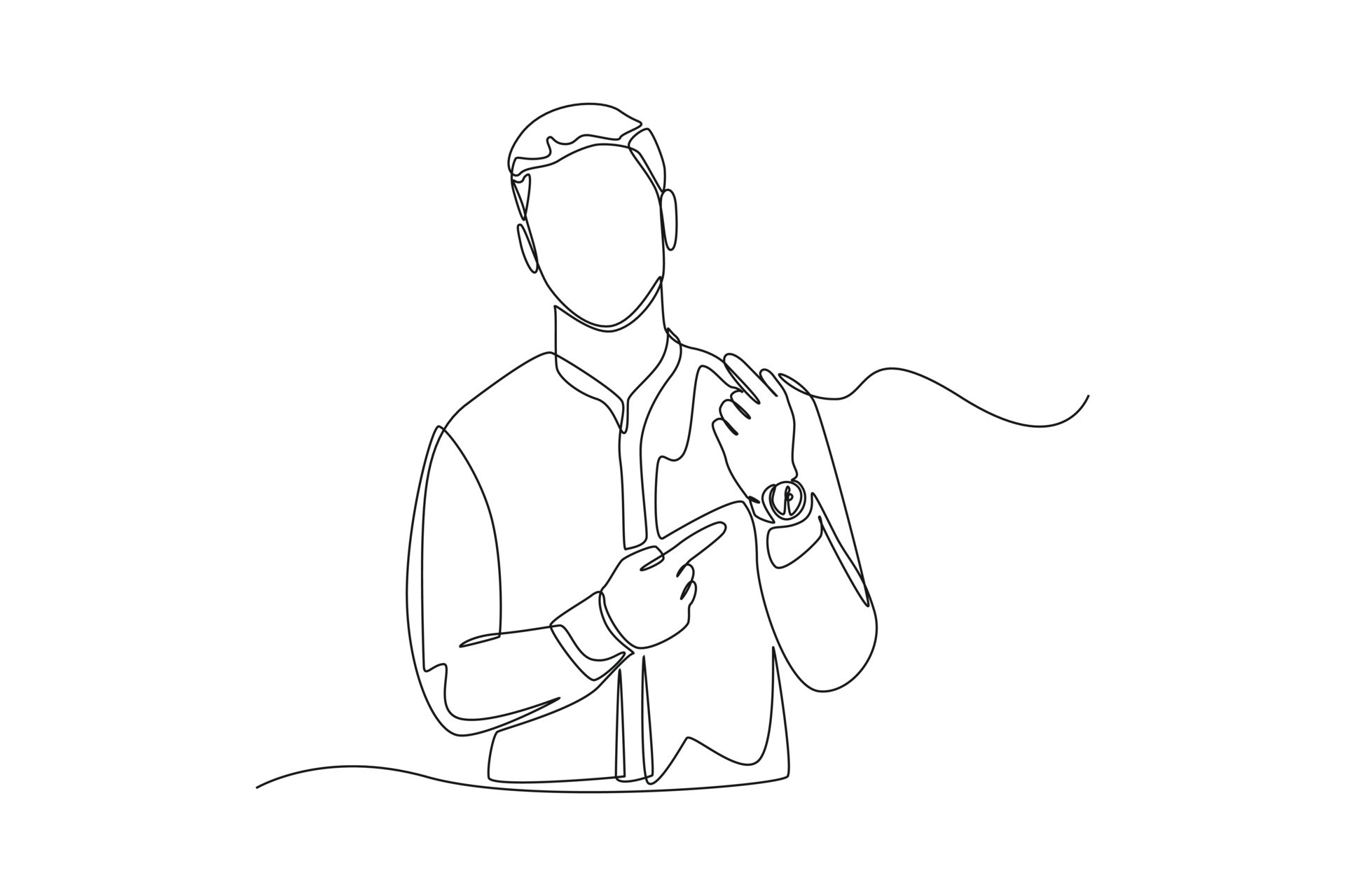 Continuous one line drawing man in worker pointing at wrist watch