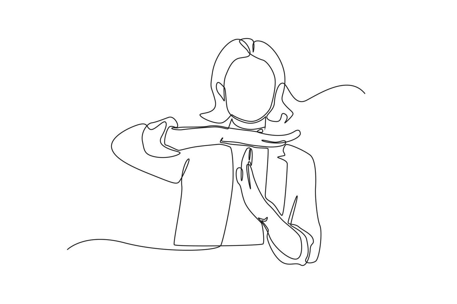 Continuous one line drawing . Business woman showing a timeout gesture hand, needs stop, Timer concept. Single line draw design vector graphic illustration.