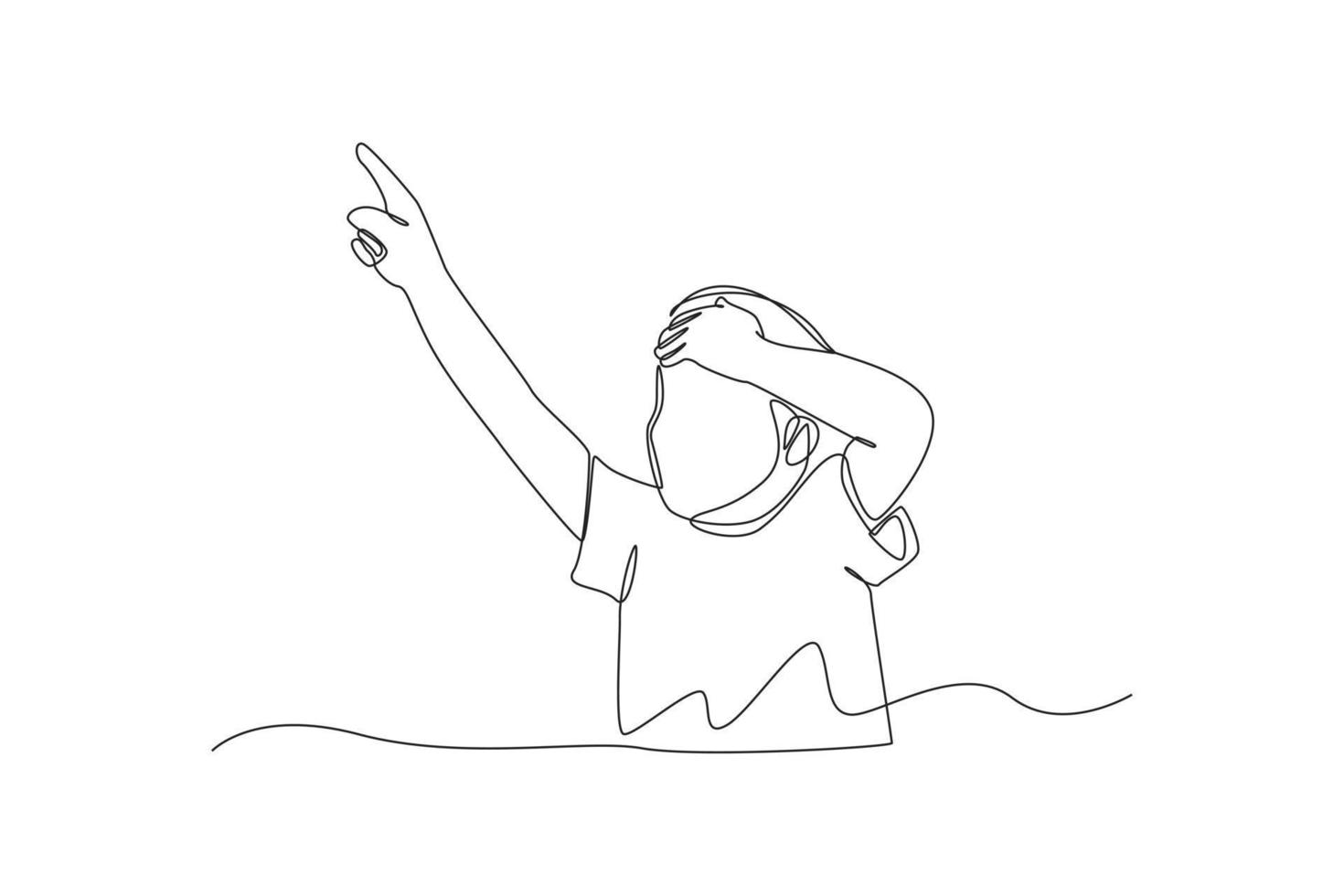 Single one line drawing happy boy looking up and pointing with his finger. Pointing concept. Continuous line draw design graphic vector illustration.
