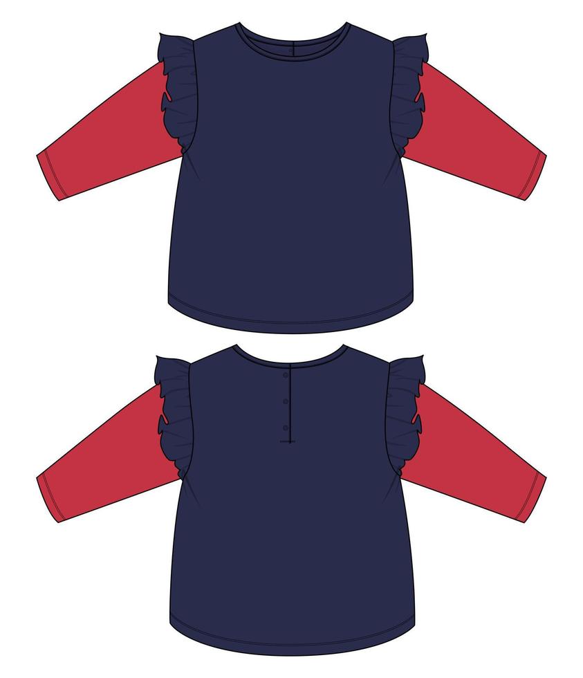 Plantilla de ilustración de vector de dibujo plano técnico de diseño de vestido de niñas. indumentaria, ropa, maqueta, vista delantera y trasera