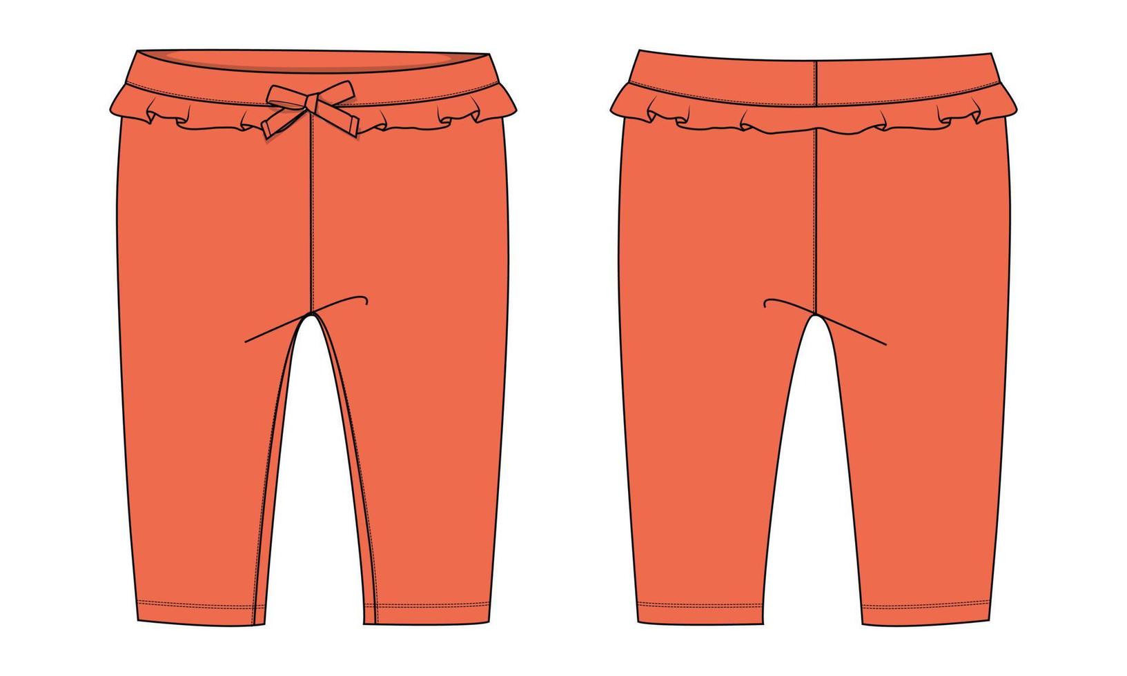 Cotton fabric pant for baby girls. Overall technical Fashion flat sketch vector template front and back view.