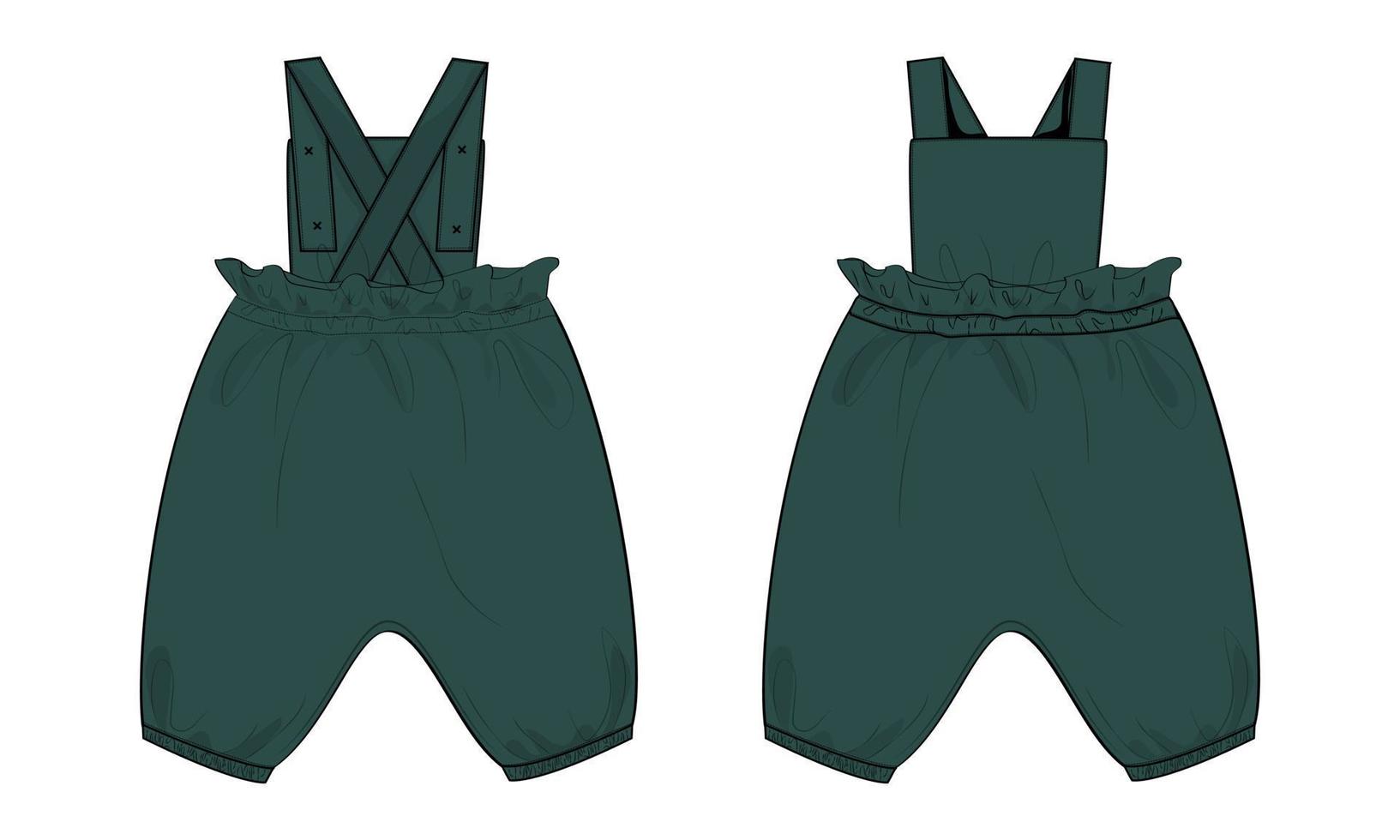 vista frontal y posterior de la plantilla de ilustración vectorial de dibujo plano de moda técnica de diseño de vestido de peto para niños. vector