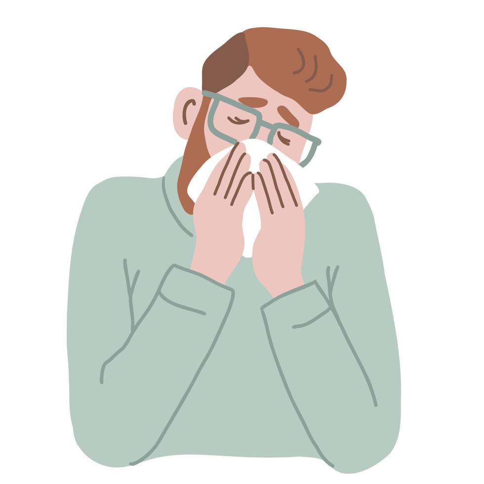 Male character sneezing or coughing. Man blowing his nose in handkerchief. Flat vector illustration