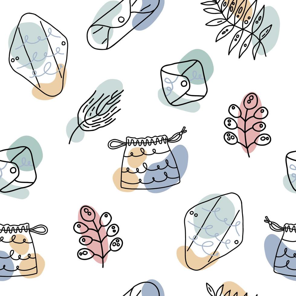 Zero waste period care seamless pattern.  Background with eco friendly female hygiene products. Hand drawn doodle vector illustration