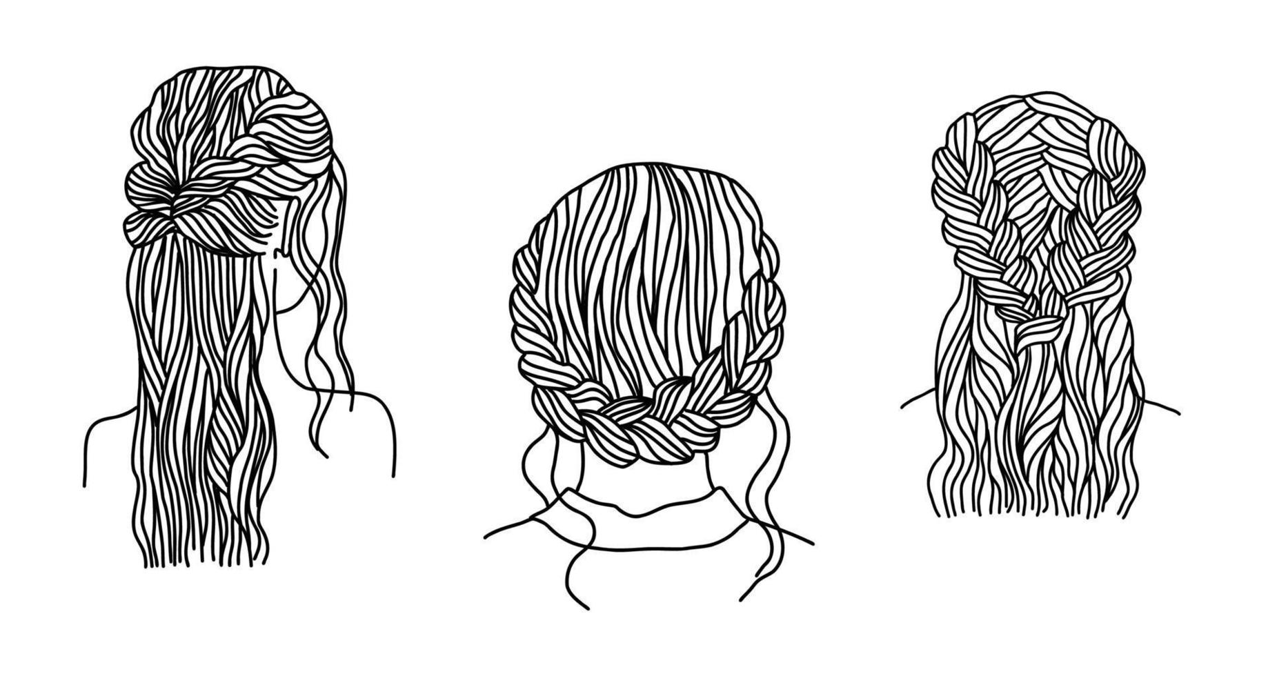 conjunto de peinados de arte lineal. cabezas femeninas con cabello trenzado. ilustración vectorial dibujada a mano vector