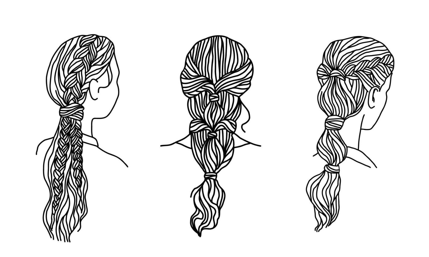 Line art hairstyles set. Female heads with beautifully braided hair. Hand drawn vector illustration