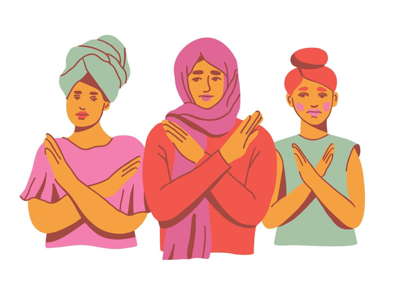 Break the bias. Women of different ethnicities protesting against inequality. Hand drawn vector illustration