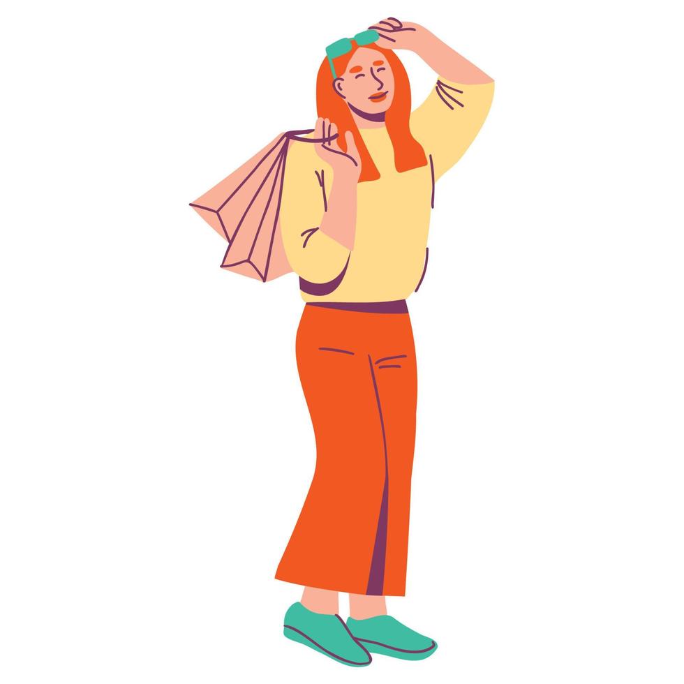 Happy woman with shopping bags. Female character carrying purchases. Hand drawn flat vector illustration