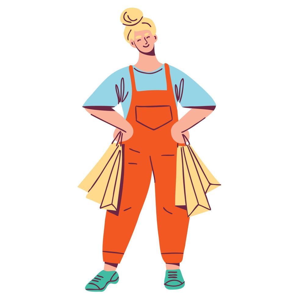 mujer feliz con bolsas de compras. personaje femenino llevando compras. ilustración vectorial plana dibujada a mano vector