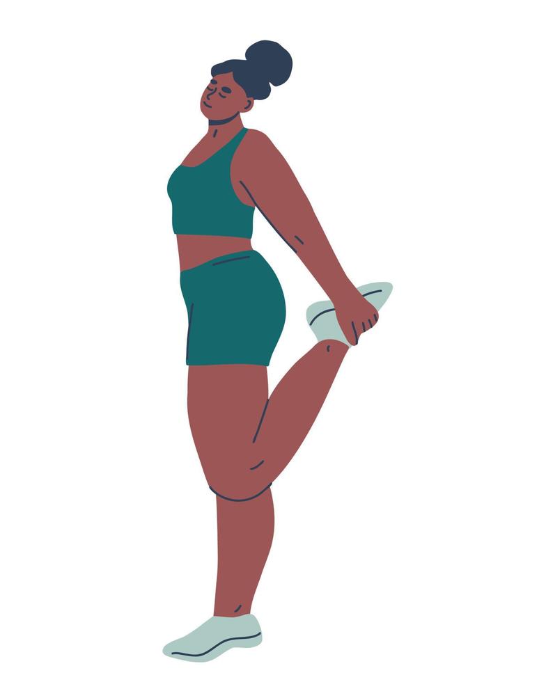 mujer estirando los músculos del muslo antes o después del entrenamiento. personaje femenino trabajando. ilustración vectorial dibujada a mano vector