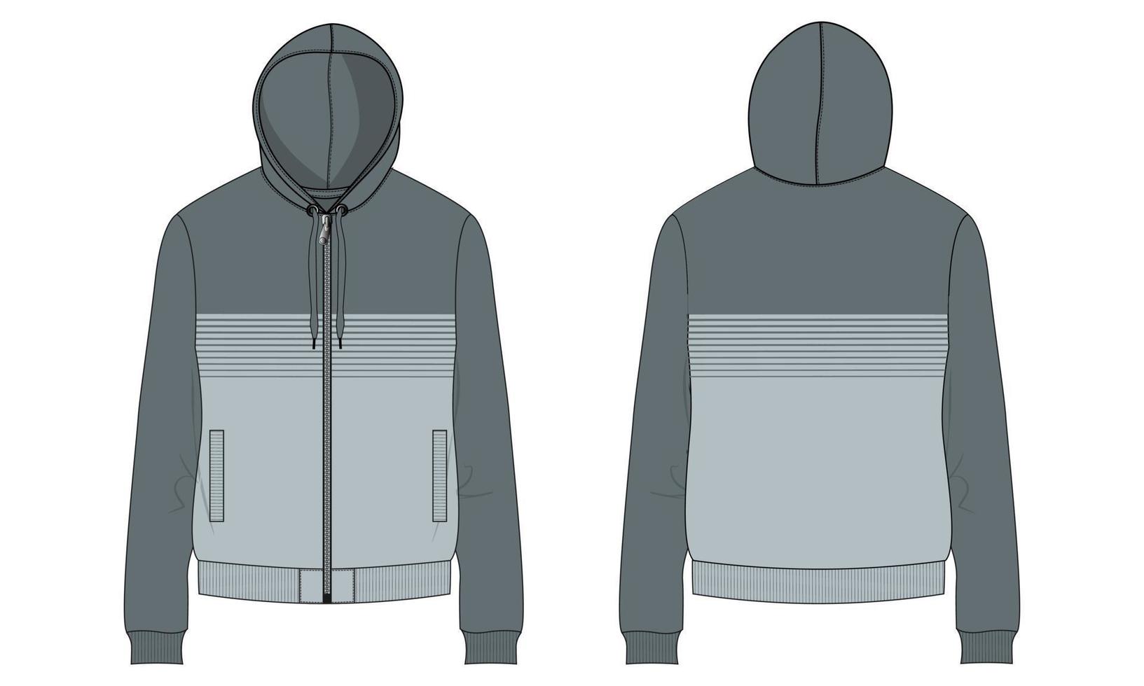 Long Sleeve Hoodie technical fashion flat sketch vector illustration template front and back views.