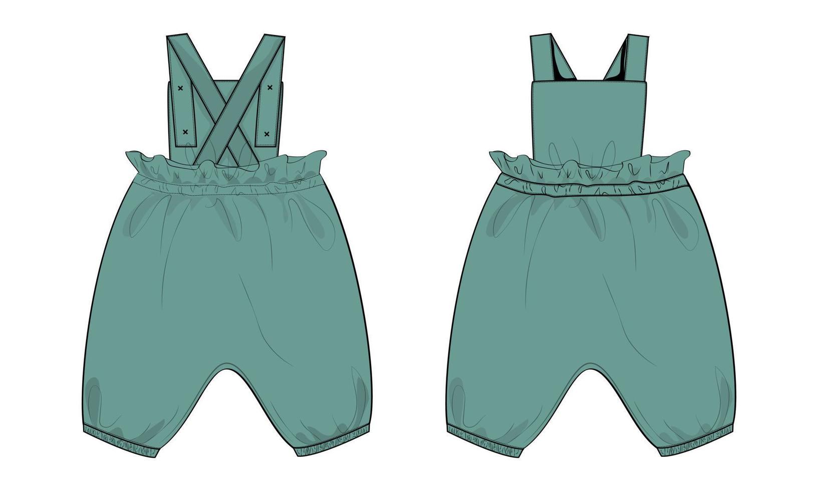 Kids Dungaree Dress Design Technical Fashion Flat Sketch Vector illustration Template Front And Back views.