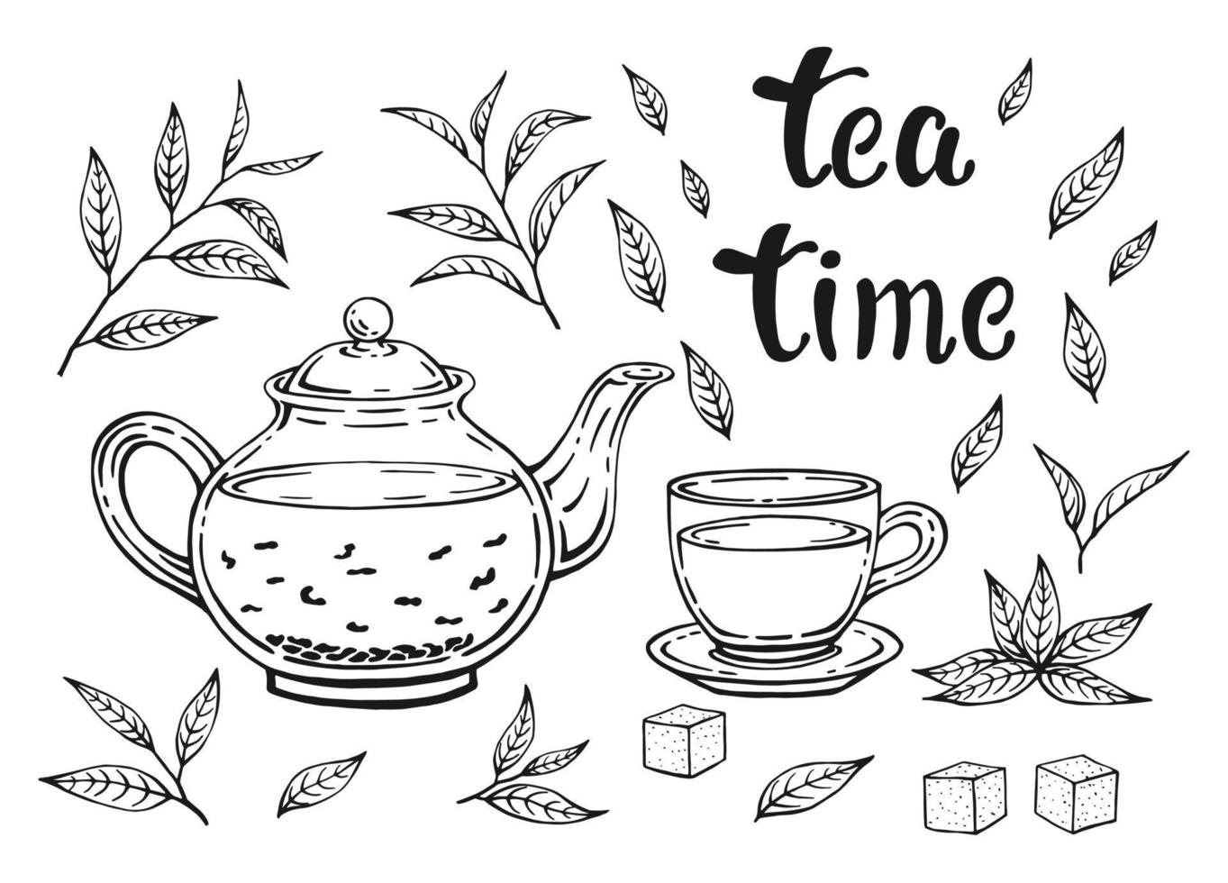 Tea set isolated on white background. Leaves, teapot and cup. Hand drawn vector illustration in outline style.