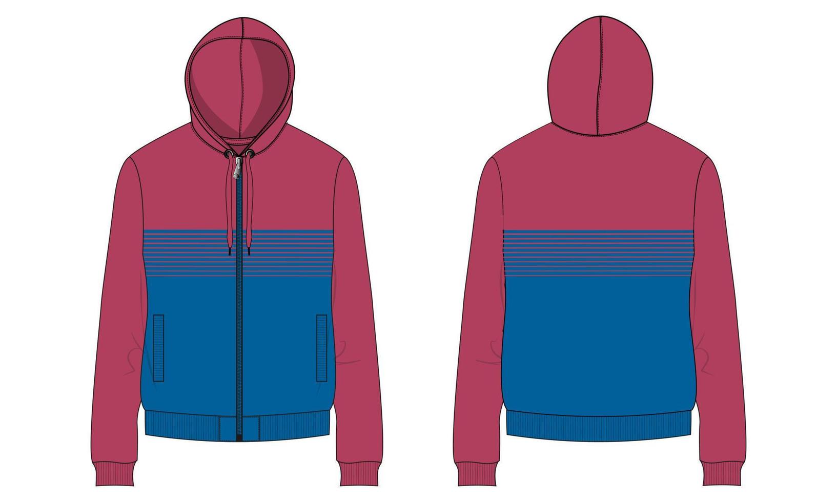 Long Sleeve Hoodie technical fashion flat sketch vector illustration template front and back views.