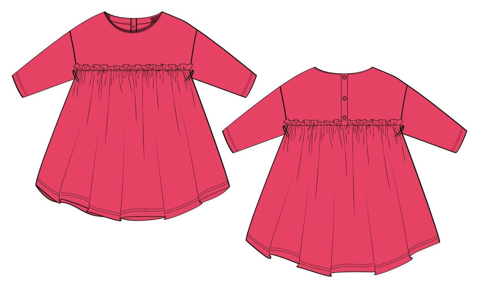 Plantilla de ilustración de vector de boceto plano técnico de diseño de vestido de niñas