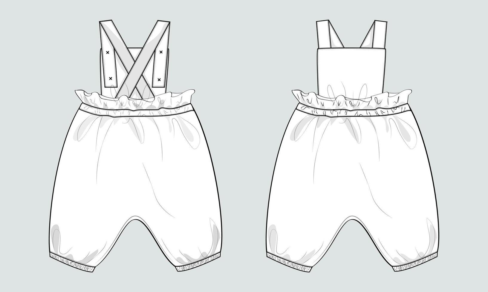 vista frontal y posterior de la plantilla de ilustración vectorial de dibujo plano de moda técnica de diseño de vestido de peto para niños. vector