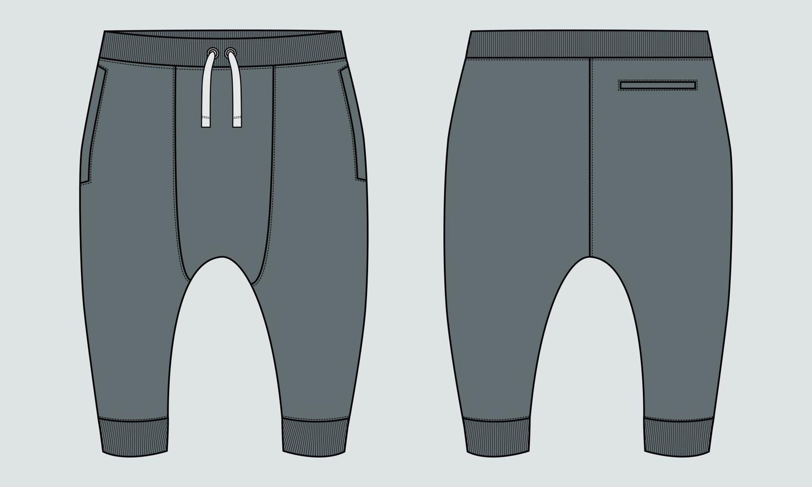 Fleece cotton jersey basic Sweat pant technical fashion flat sketch template front and back views. vector