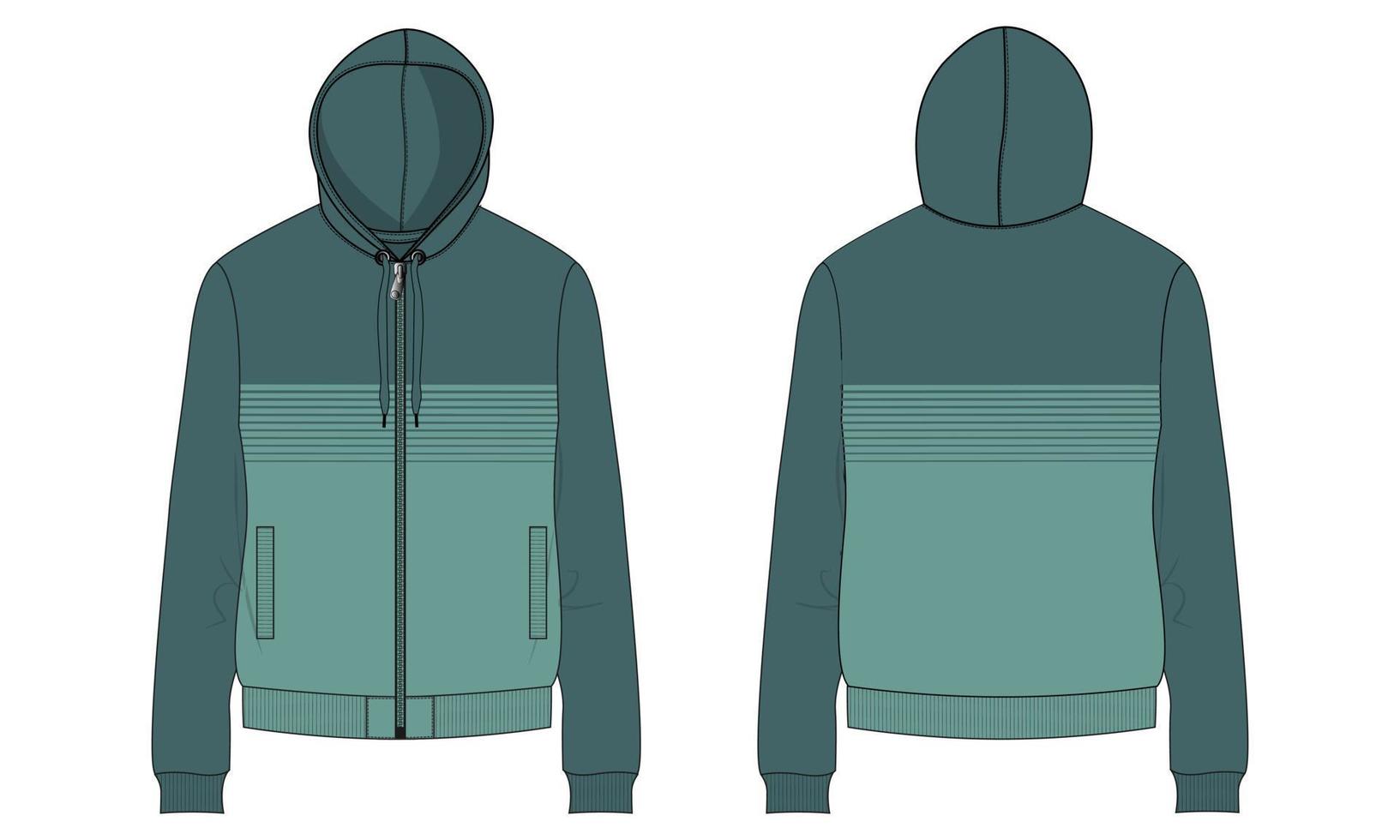 Long Sleeve Hoodie technical fashion flat sketch vector illustration template front and back views.