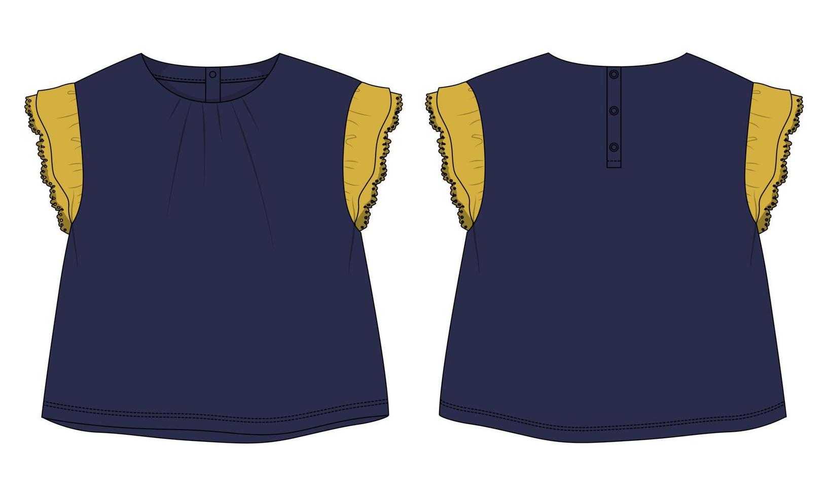 Baby girls dress design technical Flat sketch vector illustration template. Apparel clothing Mock up front and back views