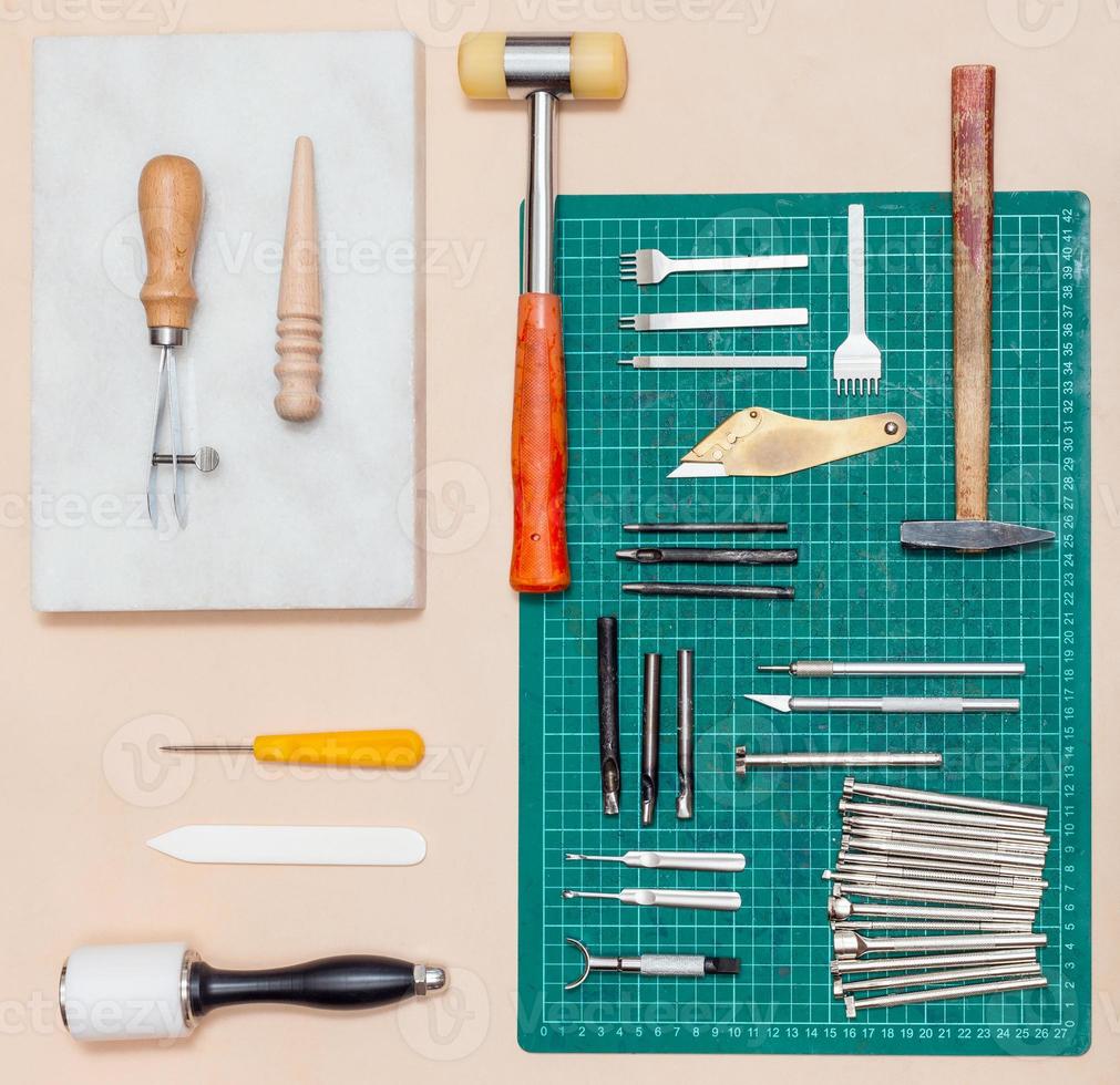 top view of various tools for leathercrafting photo